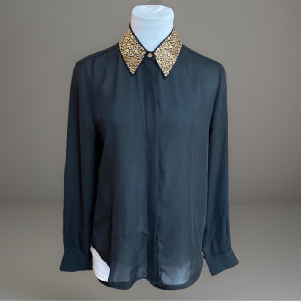Vince Camuto Black Sheer Gold Accent Blouse Top